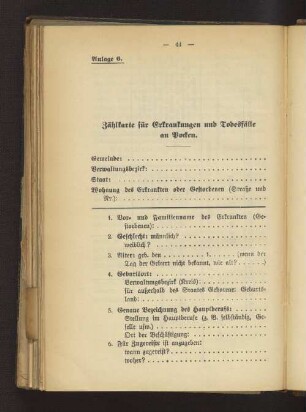 Anlage 6. Zählkarte für Erkrankungen und Todesfälle an Pocken.