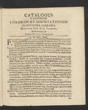 Catalogus Variorum Librorum Et Disputationum ...