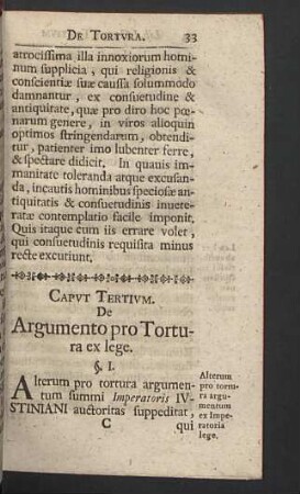 Caput tertium. De Argumento pro Tortura ex lege.