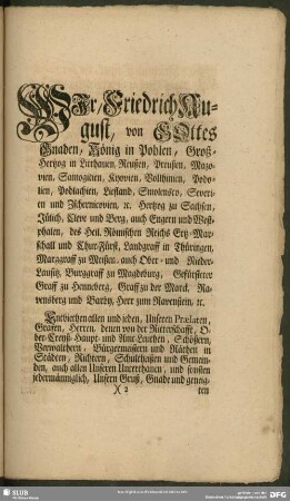 Wir, Friedrich August, von Gottes Gnaden, König in Pohlen, Groß-Hertzogens in Litthauen, zu Reussen, in Preussen, ...