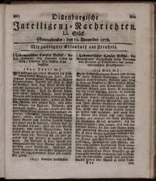 LI. Stück. Sonnabends: den 19. December 1778.