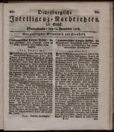 LI. Stück. Sonnabends: den 19. December 1778.