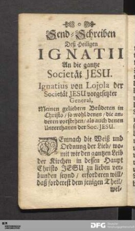 Send-Schreiben Deß Heiligen IGNATII An die gantze Societät JESU.