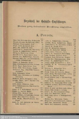 Verzeichniß der Geschäfts-Empfehlungen
