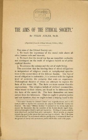 The Aims of the Ethical Society : (Reprinted from the Ethical Record, October, 1889.)