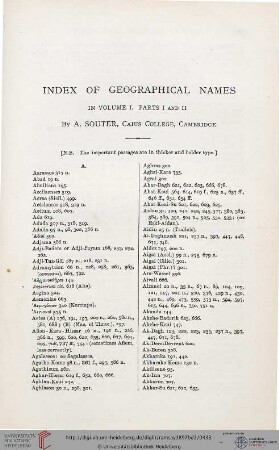 Index of geographical names in volume I. Parts I and II