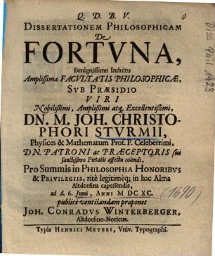 Dissertationem Philosophicam De Fortvna