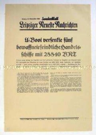 Sonderblatt der "Leipziger Neuesten Nachrichten" zur Versenkung britischer Handelsschiffe