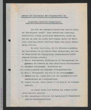 Bericht der Jugendgruppe der Ortsgruppe Köln des Allgemeinen Deutschen Frauenvereins