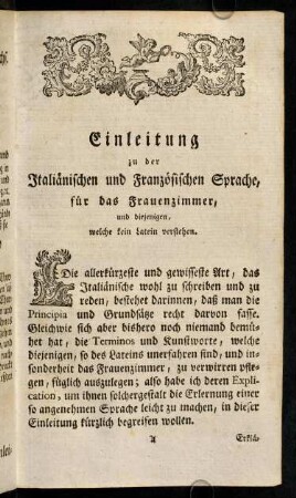1-29, Einleitung zu der Italiaenischen und Französischen Sprache, für das Frauenzimmer...