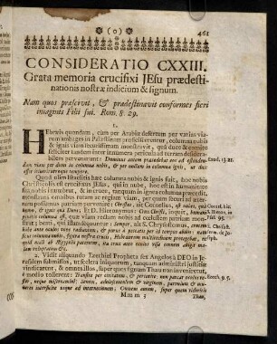 461-468, Consideratio CXXIII. Grata memoria crucifixi Jesu pradestinationis nostrae indicium & signum. Consideratio CXXIV. Signum S. Crucis fortissimum amuletum contra daemones & praestigias.