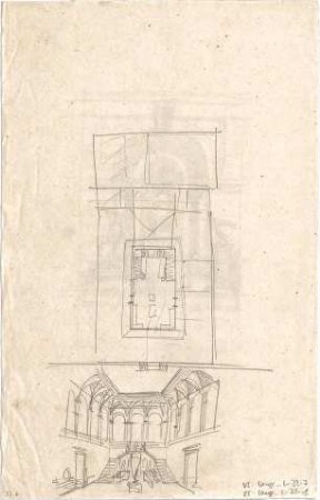 Lange, Ludwig; Skizzenblätter - Haus mit Atrium (Grundriss, Perspektive)