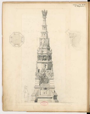 Gefallenendenkmal, Stralsund Monatskonkurrenz Februar 1885: Grundriss auf zwei Ebenen, Aufriss Vorderansicht