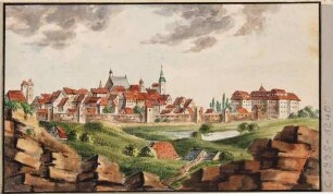 Stadtansicht von Freiberg in Sachsen von Norden, von links nach rechts Donatsturm, alte Jakobikirche, Nikolaikirche, Rathausturm, Stadtkirche St. Petri, Dom St. Marien und Schloss Freudenstein