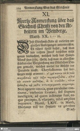 XI. Kurtze Anmerckung über das Gleichniß Christi von den Arbeitern im Weinberge. Matth. XX, 1-16.
