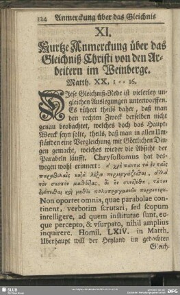 XI. Kurtze Anmerckung über das Gleichniß Christi von den Arbeitern im Weinberge. Matth. XX, 1-16.