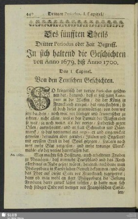 Des fünfften Theils Dritter Periodus oder Zeit-Begriff. In sich haltend die Geschichten von Anno 1679. biß Anno 1700