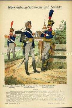 Uniformdarstellung, Grenadier, Offizier der Artillerie, Offizier der Infanterie, Herzogtümer Mecklenburg-Schwerin und Mecklenburg-Strelitz, 1812.