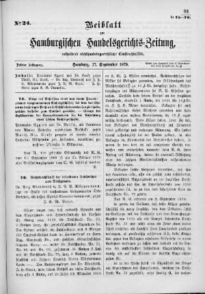 Beiblatt zur hamburgischen Handelsgerichts-Zeitung No.24. Dritter Jahrgang. Hamburg, 17. September 1870.