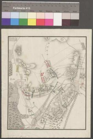 Borne (bei Potsdam); [Manöverkarte]; ohne Verfasser; ohne Maßstab; 20 x 24,5 cm; Kartenrand: Golm; Eiche-Neues Schloss; Borne; Papier; Federzeichnung mit Schraffen; Höhen, Siedlungen, Felder in Wasserfarben; Einzeichnung der Truppenteile.