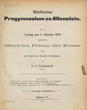Zu der ... stattfindenden öffentlichen Prüfung aller Klassen ladet im Namen des Lehrer-Collegiums ... ein. 1878/79
