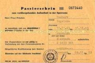 Passierschein für Bürger der DDR zum vorübergehenden Aufenthalt im Grenzgebiet zur Bundesrepublik
