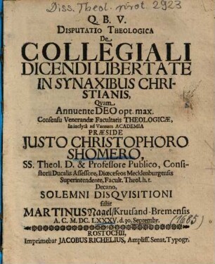Disputatio Theologica De Collegiali Dicendi Libertate In Synaxibus Christianis