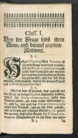 Class. I. Von der Frage selbst ihren Sinn, und darauf gegebene Antwort