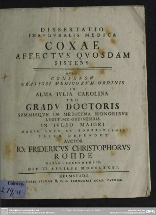 Dissertatio Inuguralis Medica Coxae Affectus Quosdam Sistens