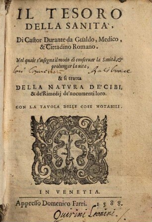 Il Tesoro Della Sanità : Nel quale s'insegna il modo di conseruar la Sanità, & prolungar la uita, & si tratta Della Natvra De' Cibi, & de' Rimedij de' nocumenti loro