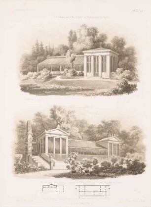 Treibhaus der Villa Graefe, Berlin-Tiergarten. Treibhaus des Herrn Decker, Berlin: Grundrisse, Perspektivische Ansichten (aus: Architektonisches Skizzenbuch, H. 40, 1859)