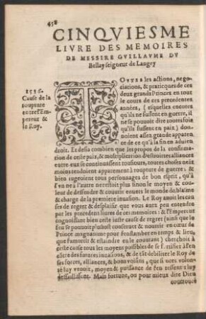 Cinquiesme Livre Des Memoires De Messire Guillaume Du Bellay ...