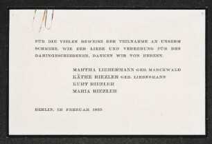Brief von Martha Liebermann, Käthe Riezler, Kurt Riezler und Maria Riezler an Gerhart Hauptmann