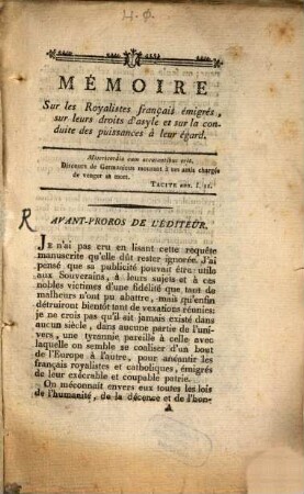 Mémoire Sur les Royalistes français émigrés, sur leurs droitss d'asyle et sur la conduite dess puissances à leur égard