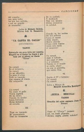 "Ya canta el gallo" (Cu-curucu) : Tango