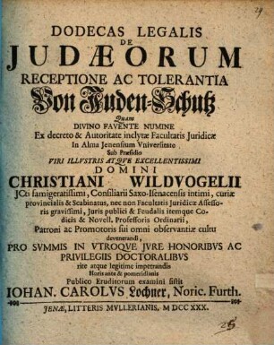 Dodecas Legalis De Judaeorum Receptione Ac Tolerantia : Von Juden-Schutz