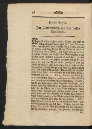 Zweyte Predigt. Zur Vorbereitung auf das heilige Abendmahl
