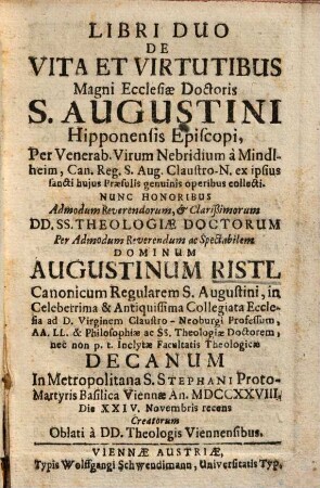 Libri duo de vita et virtutibus Magni Ecclesiae Doctoris S. Augustini Hipponensis episcopi