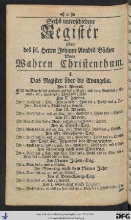 I. Das Register über die Evangelia.