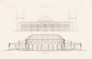 Zoologischer Garten, Berlin Antilopenhaus: Seitenansicht, Längsschnitt Antilopenhaus (aus: Atlas zur Zeitschrift für Bauwesen, hrsg. v. G. Erbkam, Jg. 25, 1875)