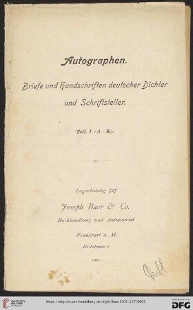 Nr. 527, Teil 1: Autographen: Briefe und Handschriften deutscher Dichter und Schriftsteller: (A-K)