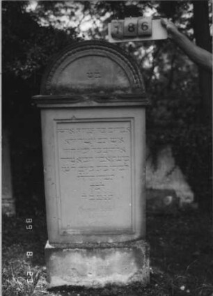 Grabstein 186 (Index: 100110619) Material: Sandstein Zustand: leicht verwittert, Giebel beschädigt Maße HxBxT: 178x71x26 cm Beschreibung: Stele, Sockel, Rundbogenabschluß mit Verdachung und Perlenschnur, Schriftfelder eingetieft: Grabstein 186