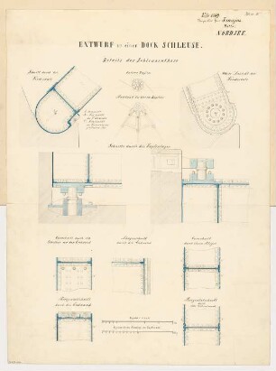 Dockanlage Monatskonkurrenz Juli 1869: Zahlreiche Details zum Schleusentor; 2 Maßstabsleisten