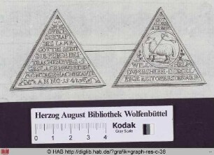Lamm Gottes mit Text (Abbildung der zwei Seiten eines religiösen Objetes).