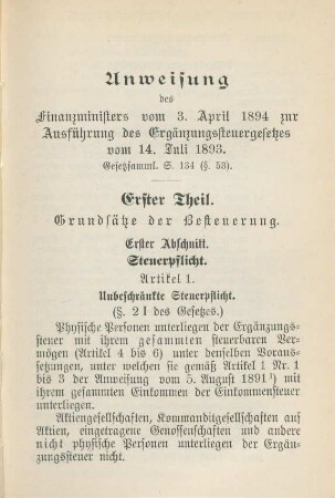 Anweisung des Finanzministers vom 3. April 1894 zur Ausführung des Ergänzungssteuergesetzes vom 14. Juli 1893.