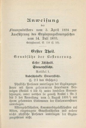 Anweisung des Finanzministers vom 3. April 1894 zur Ausführung des Ergänzungssteuergesetzes vom 14. Juli 1893.