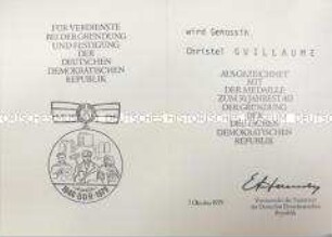 Besitzausweis zur Medaille zum 30. Jahrestag der Gründung der DDR