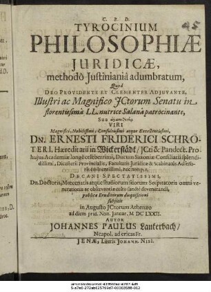 Tyrocinium Philosophiae Iuridicae, methodo Iustiniania adumbratum