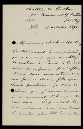 Brief von Maurice d'Ocagne an Felix Klein, Beaumont-sur-Sarthe, 11.10.1898