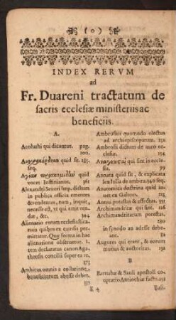 Index Rerum ad Fr. Duareni tractatum de sacris ecclesiae ministeriis ac beneficiis.